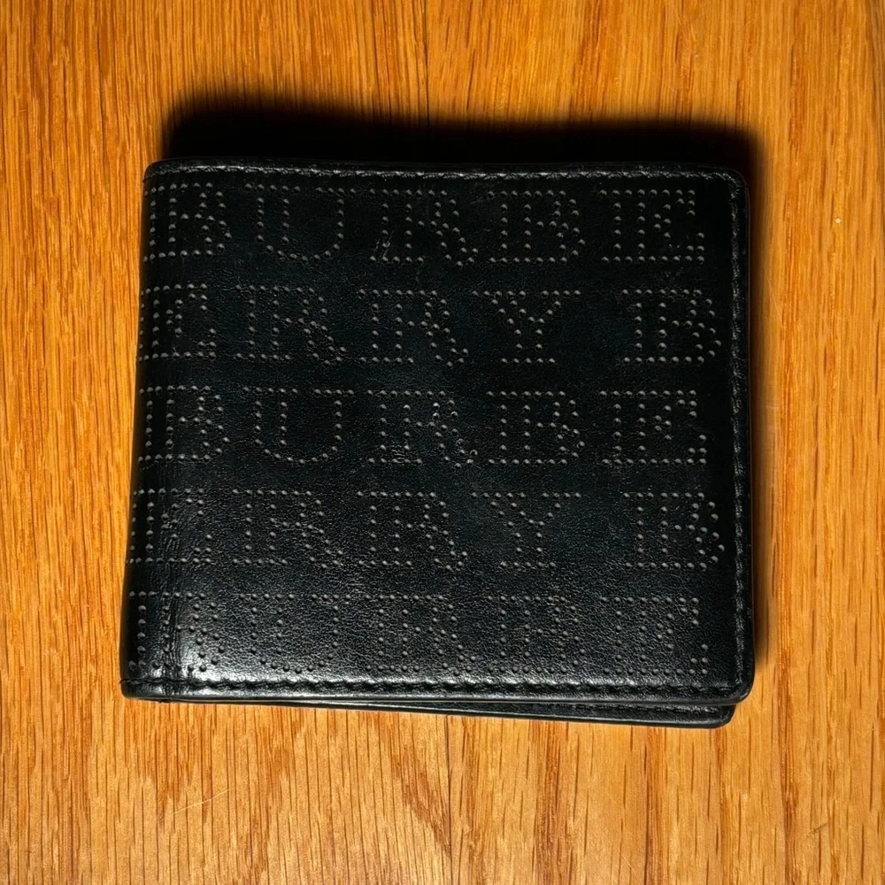 Burberry Perforated Spellout Black Leather Bifold Wallet